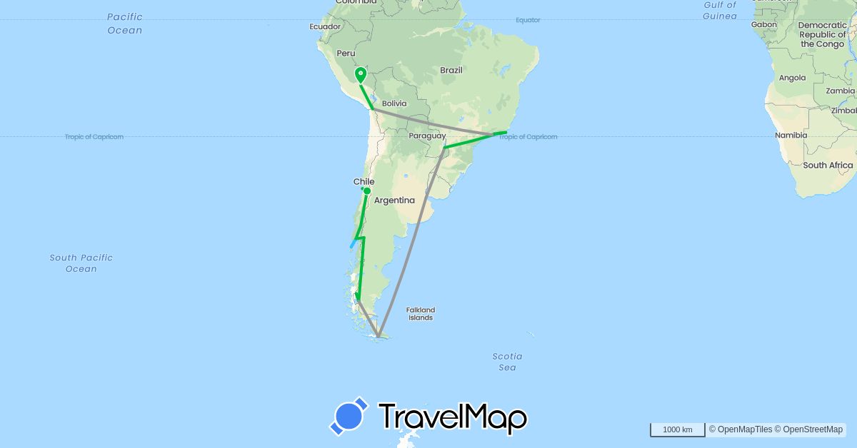 TravelMap itinerary: driving, bus, plane, boat in Argentina, Brazil, Chile, Peru (South America)