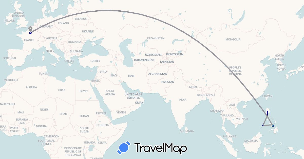 TravelMap itinerary: driving, plane, boat in France, Philippines (Asia, Europe)