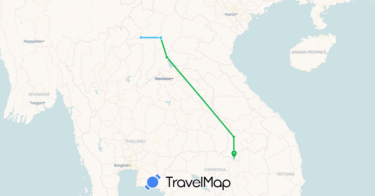 TravelMap itinerary: driving, bus, boat in Laos (Asia)